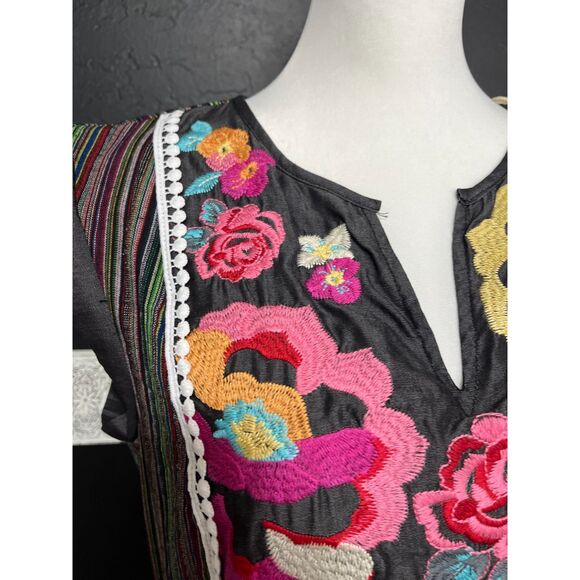 Savanna Jane Embroidered Boho Dress Black Multi Stripe Floral Size Small NWT - Picture 7 of 12
